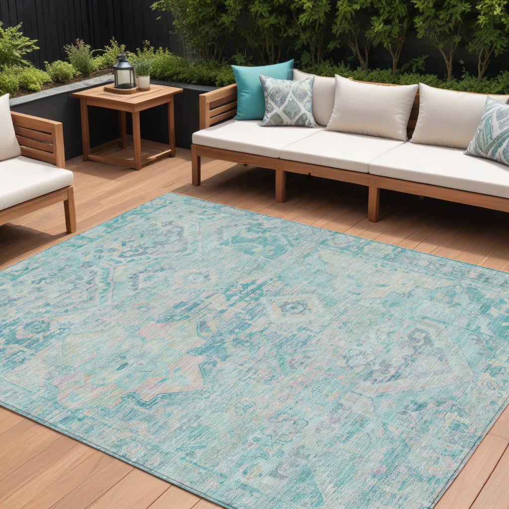 10 X 14 Teal Blue And Pink Floral Medallion Washable Indoor Outdoor Area Rug