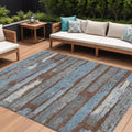 9 X 12 Chocolate Blue And Beige Striped Washable Indoor Outdoor Area Rug