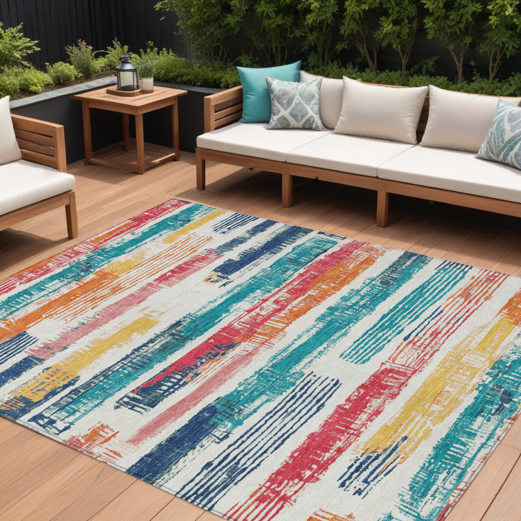 9 X 12 Ivory Teal Blue Orange And Red Striped Washable Indoor Outdoor Area Rug