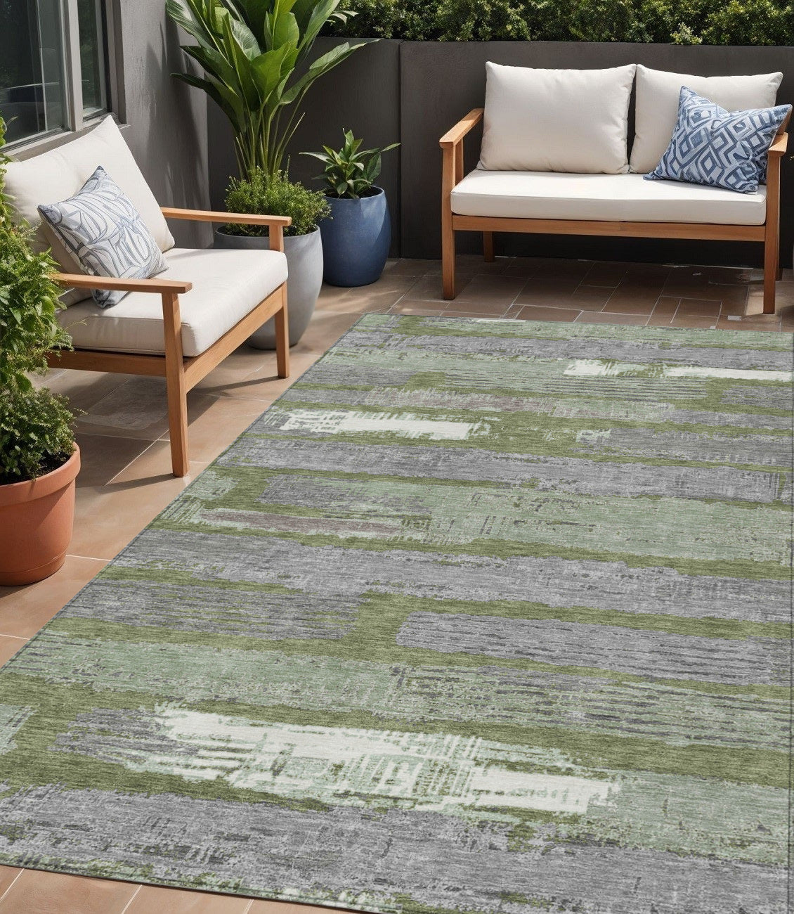 5 X 8 Olive Green Ivory And Blue Striped Washable Indoor Outdoor Area Rug