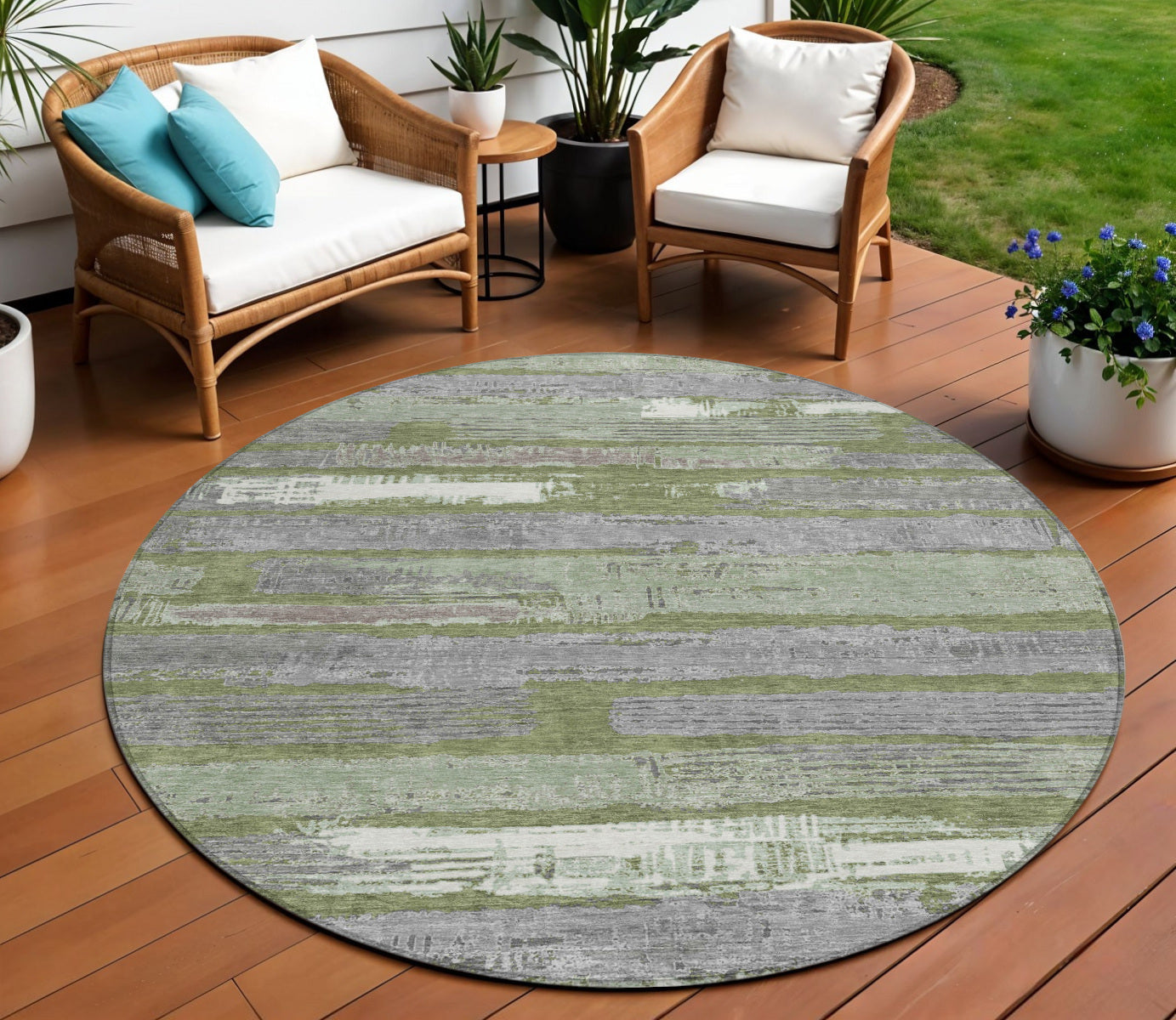 8 Olive Green Ivory And Blue Round Striped Washable Indoor Outdoor Area Rug