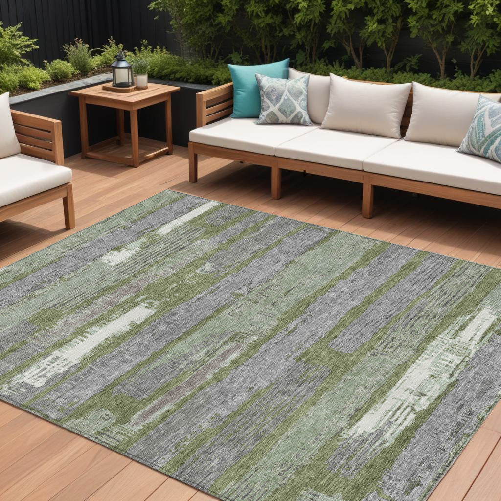 9 X 12 Olive Green Ivory And Blue Striped Washable Indoor Outdoor Area Rug
