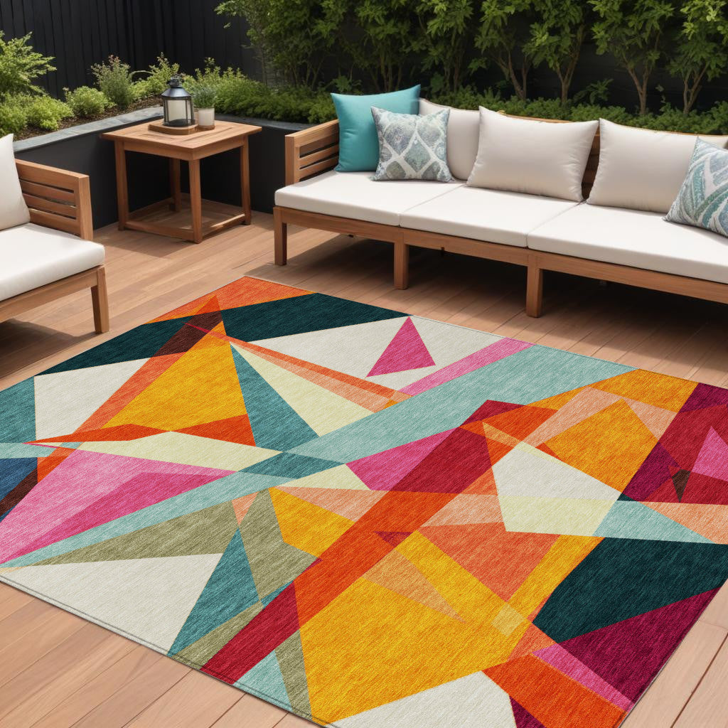 9 X 12 Ivory Orange And Burgundy Geometric Washable Indoor Outdoor Area Rug