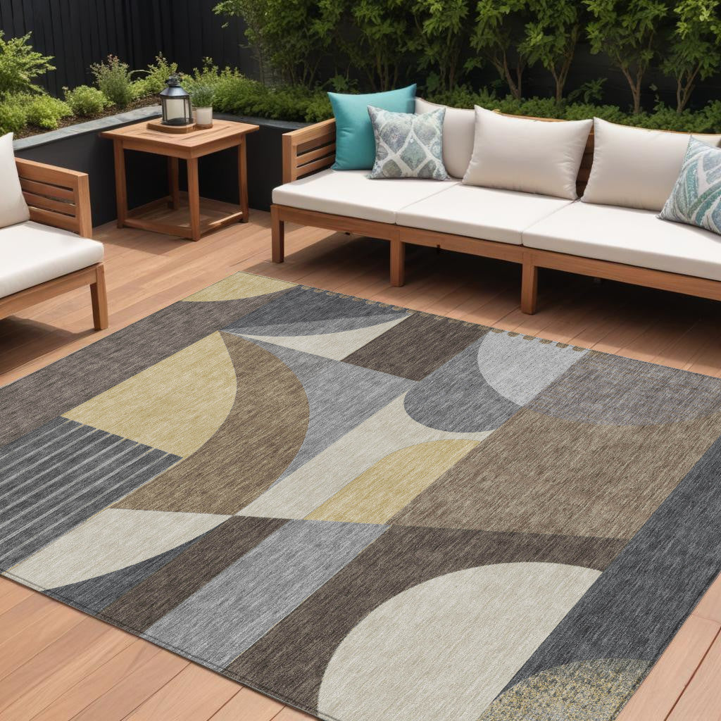 10 X 14 Brown Taupe And Wheat Geometric Washable Indoor Outdoor Area Rug