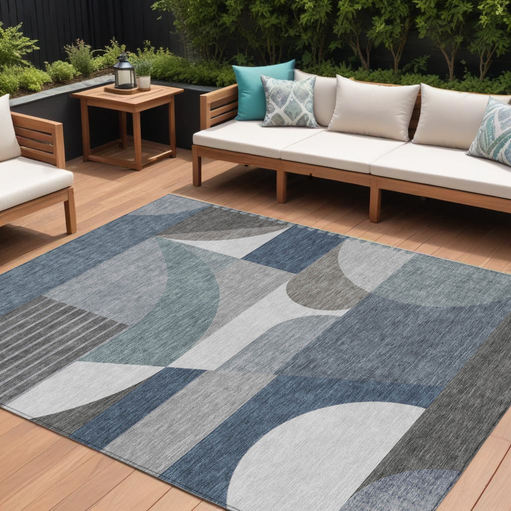 8 X 10 Gray Blue And Ivory Geometric Washable Indoor Outdoor Area Rug
