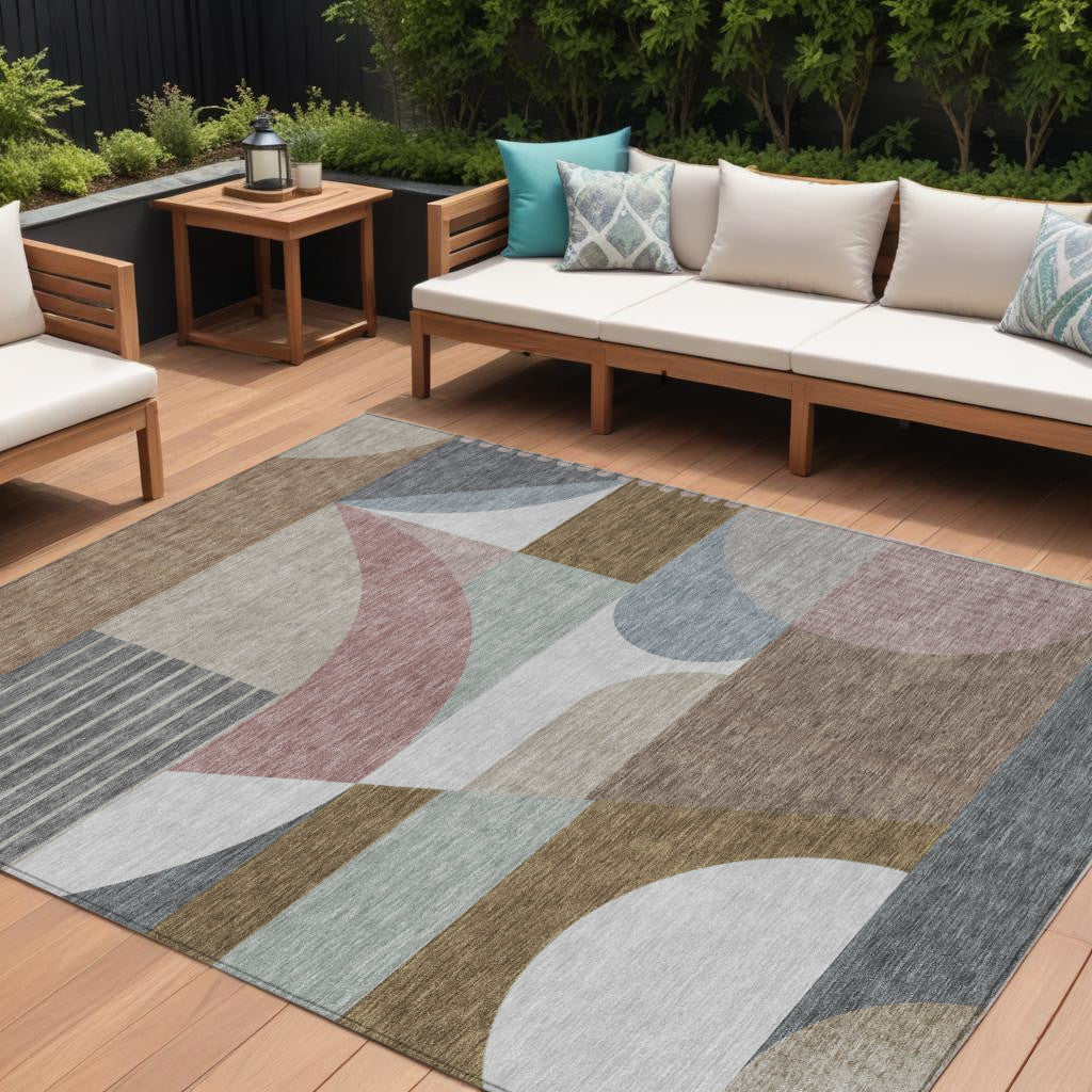 9 X 12 Brown Ivory And Mauve Geometric Washable Indoor Outdoor Area Rug