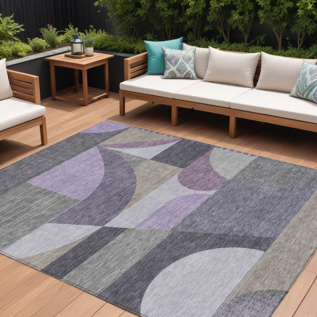 9 X 12 Purple Gray And Beige Geometric Washable Indoor Outdoor Area Rug