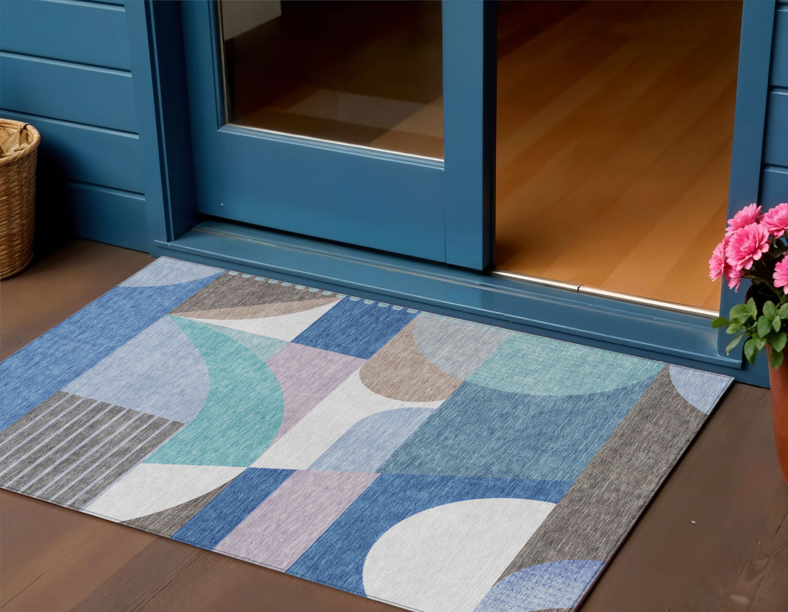 3 X 5 Sky Blue Teal Blue And Brown Geometric Washable Indoor Outdoor Area Rug