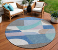 8 Sky Blue Teal Blue And Brown Round Geometric Washable Indoor Outdoor Area Rug