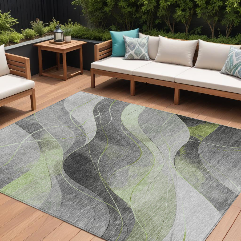 10 X 14 Artichoke Green Gray And Silver Abstract Washable Indoor Outdoor Area Rug