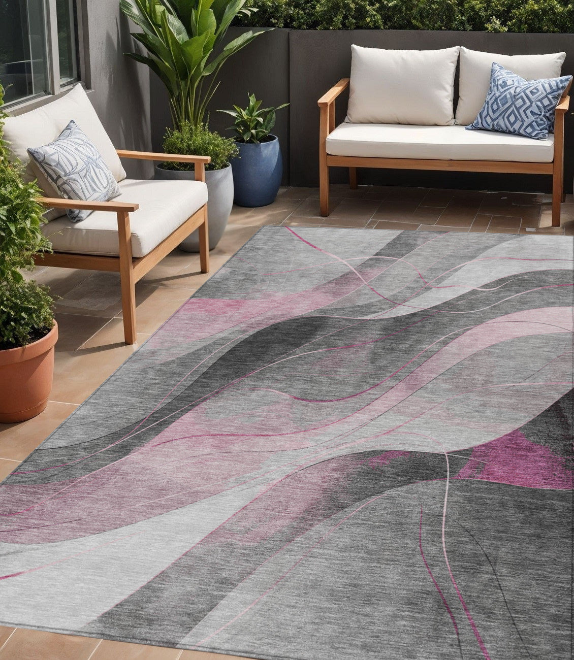 5 X 8 Pink Gray And Silver Abstract Washable Indoor Outdoor Area Rug