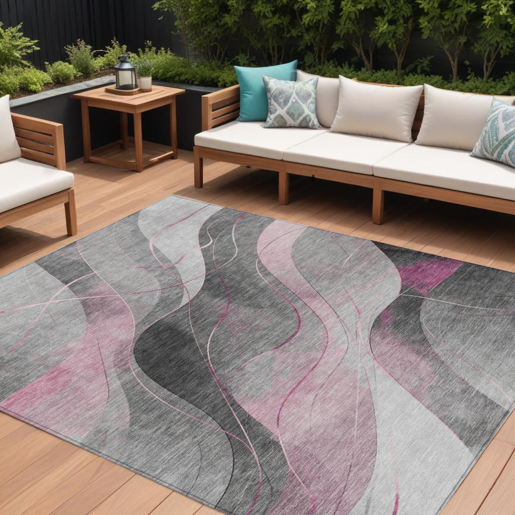 10 X 14 Pink Gray And Silver Abstract Washable Indoor Outdoor Area Rug