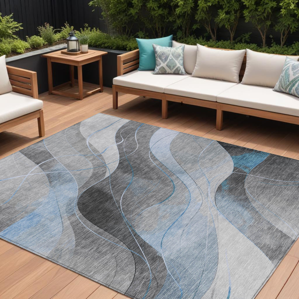8 X 10 Sky Blue Gray And Silver Abstract Washable Indoor Outdoor Area Rug