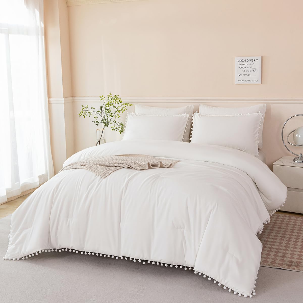 Perfemet 5 Pcs Ivory Comforter Sets Twin Size Pom Pom Fringe Solid Bedding Set With Sheets Soft Lightweight White Kids Bed In A