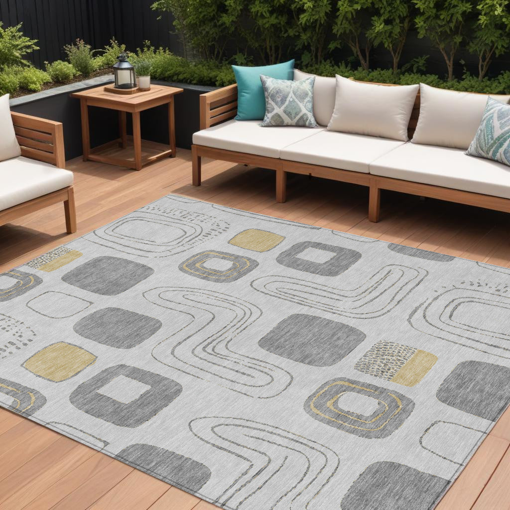 10 X 14 Gray Silver And Gold Geometric Washable Indoor Outdoor Area Rug
