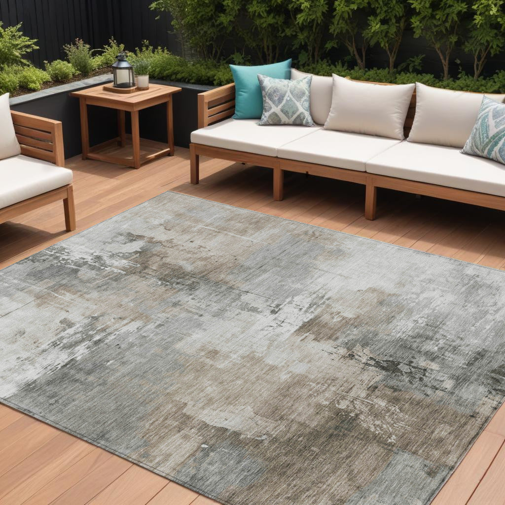 9 X 12 Ivory Gray And Khaki Abstract Washable Indoor Outdoor Area Rug