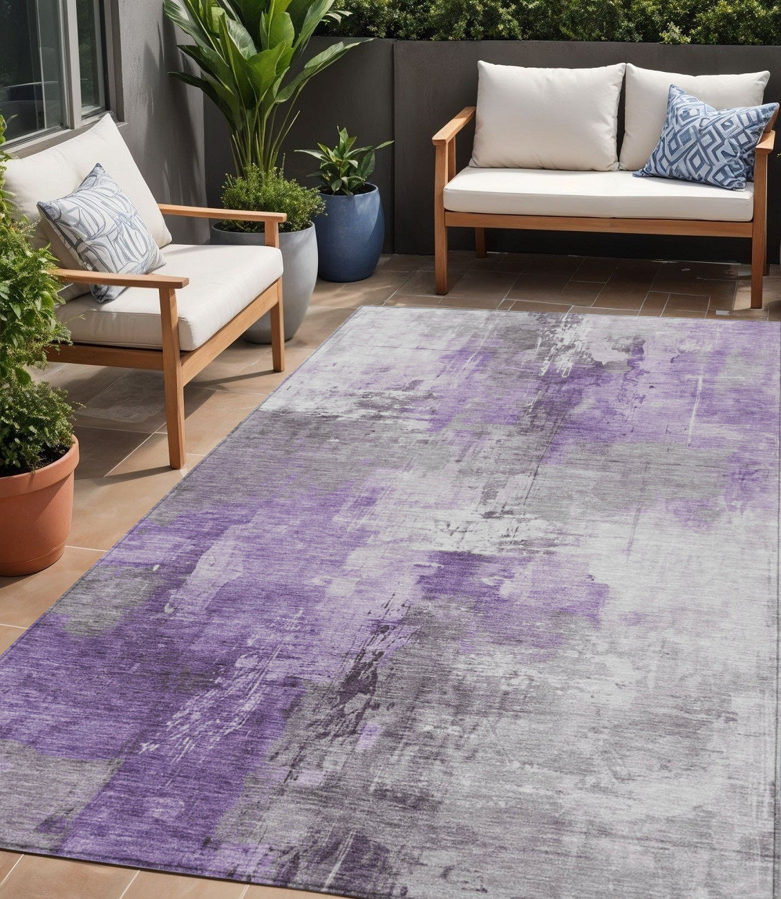 5 X 8 Purple Eggplant And Ivory Abstract Washable Indoor Outdoor Area Rug