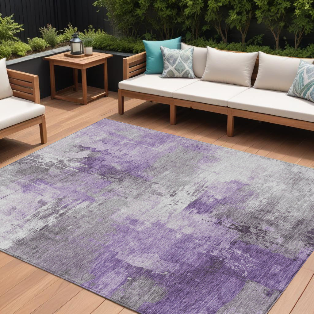 9 X 12 Purple Eggplant And Ivory Abstract Washable Indoor Outdoor Area Rug