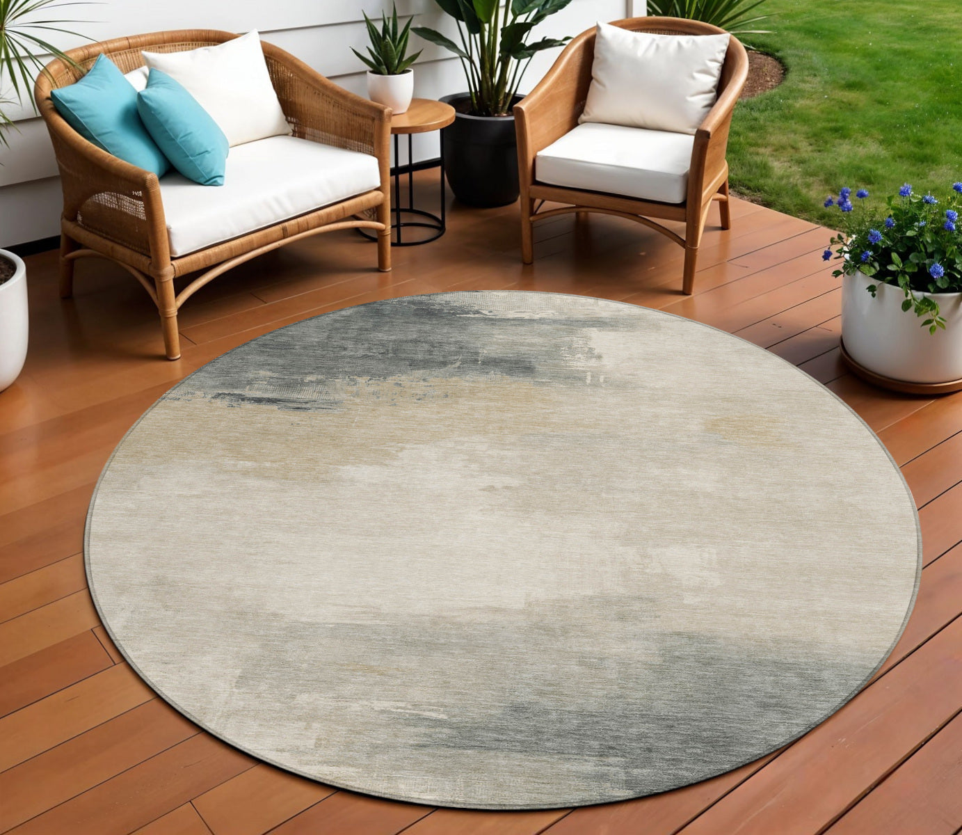 8 Beige Taupe And Ivory Round Abstract Washable Indoor Outdoor Area Rug