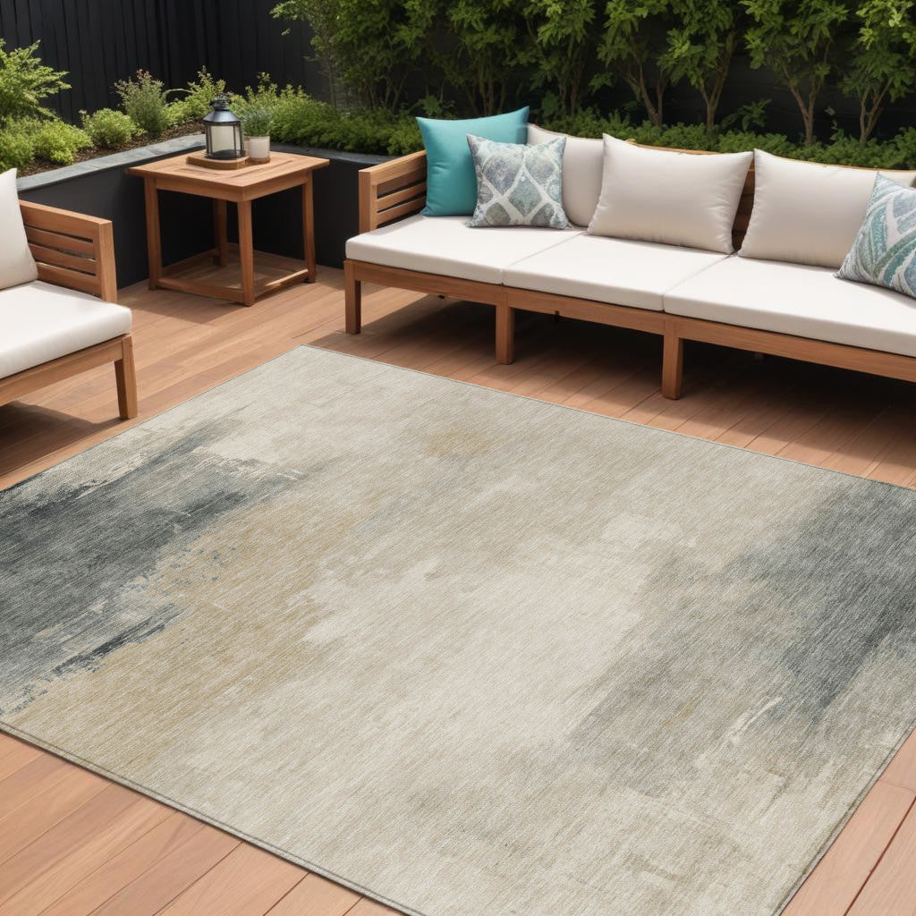 10 X 14 Beige Taupe And Ivory Abstract Washable Indoor Outdoor Area Rug