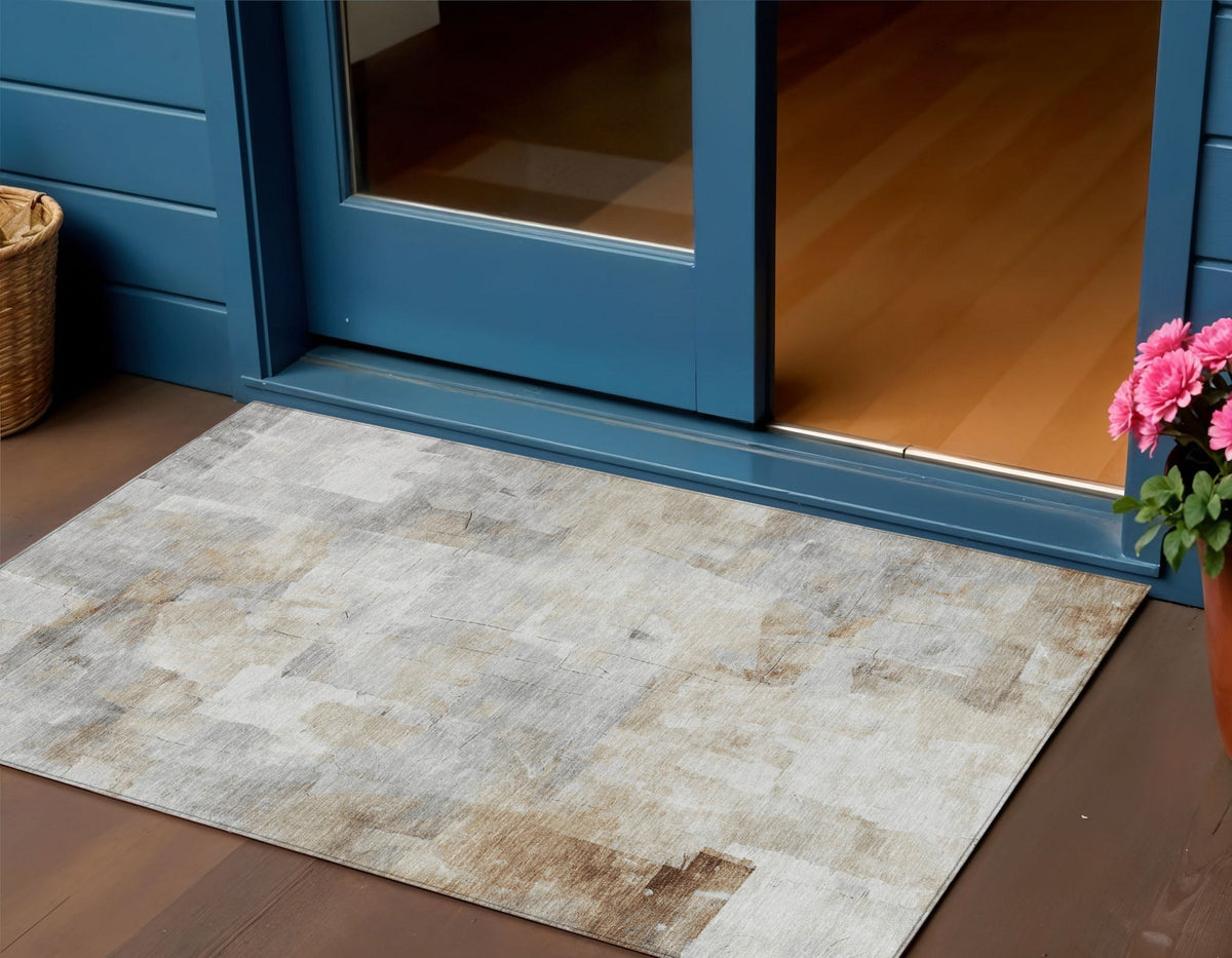 3 X 5 Linen Gray And Ivory Abstract Washable Indoor Outdoor Area Rug