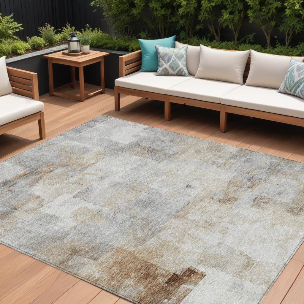 9 X 12 Linen Gray And Ivory Abstract Washable Indoor Outdoor Area Rug