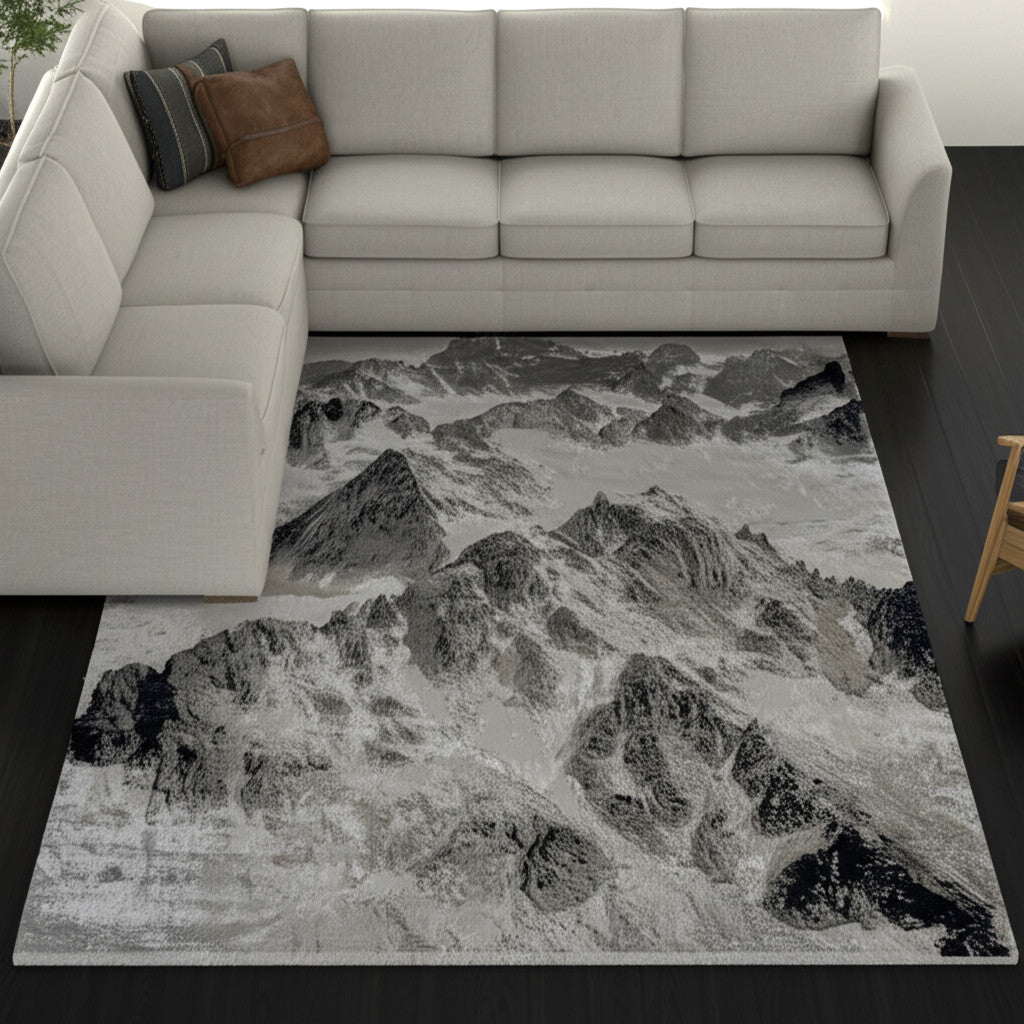 8' X 10' Black And Silver Abstract Area Rug