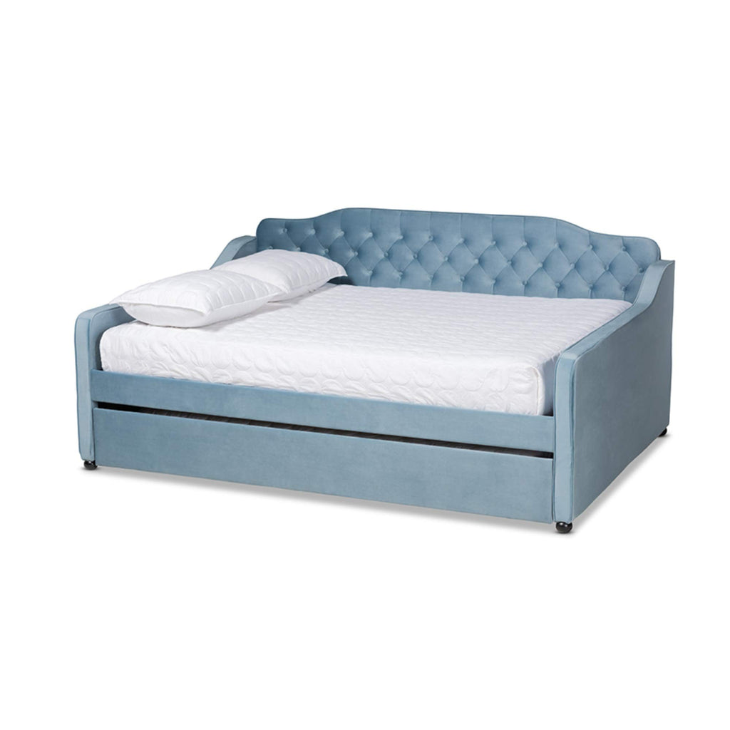 Baxton Studio Freda Transitional and Contemporary Light Blue Velvet Fabric Upholstered and Button Tufted Queen Size Daybed with Trundle