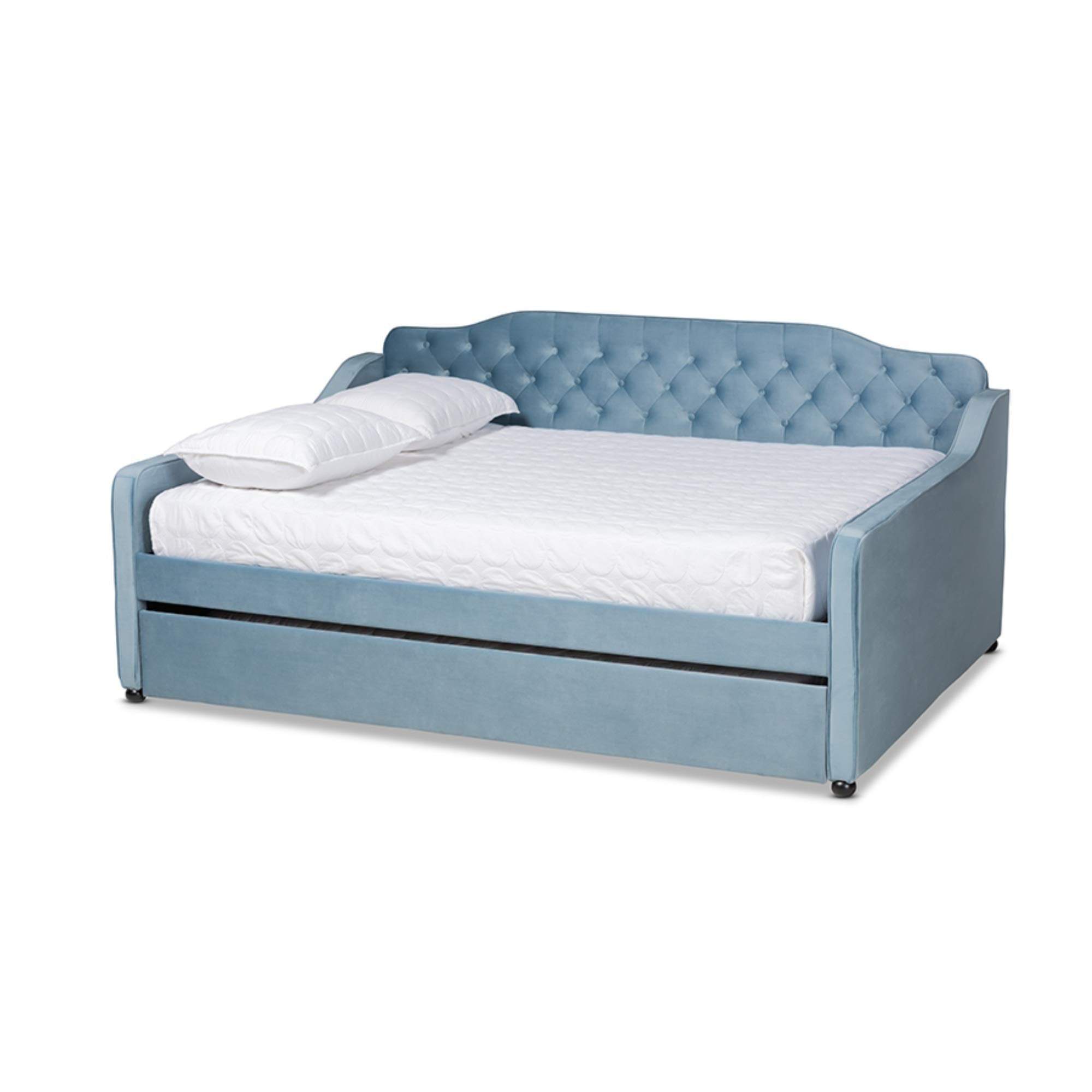 Baxton Studio Freda Transitional and Contemporary Light Blue Velvet Fabric Upholstered and Button Tufted Queen Size Daybed with Trundle