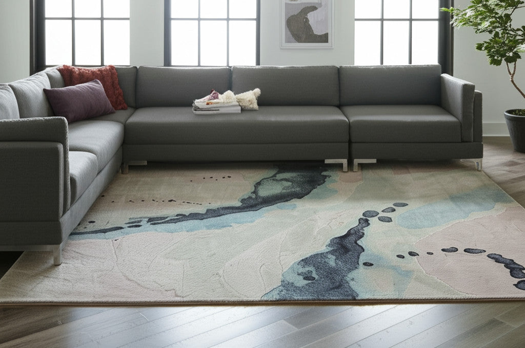 10' X 14' Green Blue And Ivory Abstract Hand Tufted Area Rug