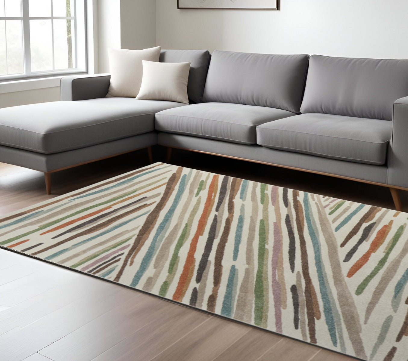 10' X 13' Ivory Brown And Blue Abstract Area Rug