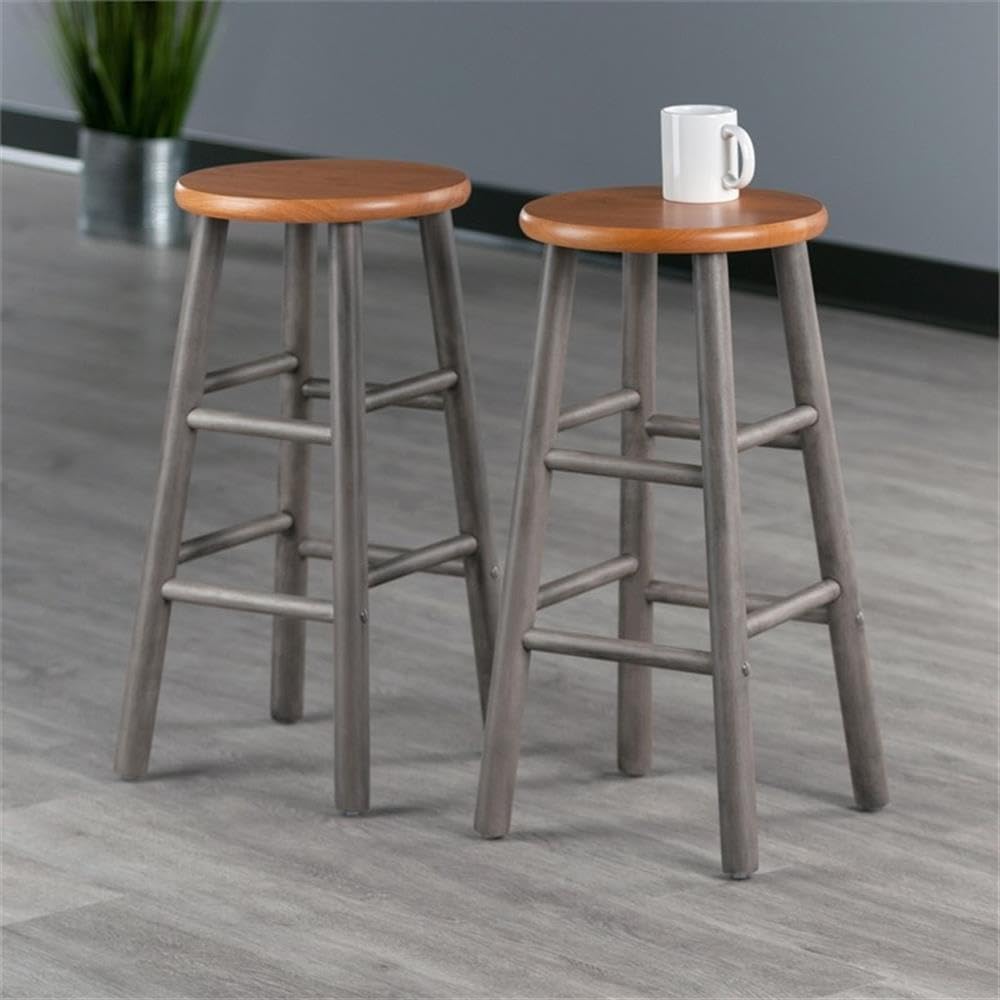 Winsome Huxton 2-Piece Counter Stools, 24 in, Teak Seat with Oyster Gray Base, Solid Wood