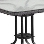 28 Square Glass Metal Table with Gray Rattan Edging and 4 Gray Rattan Stack Chairs