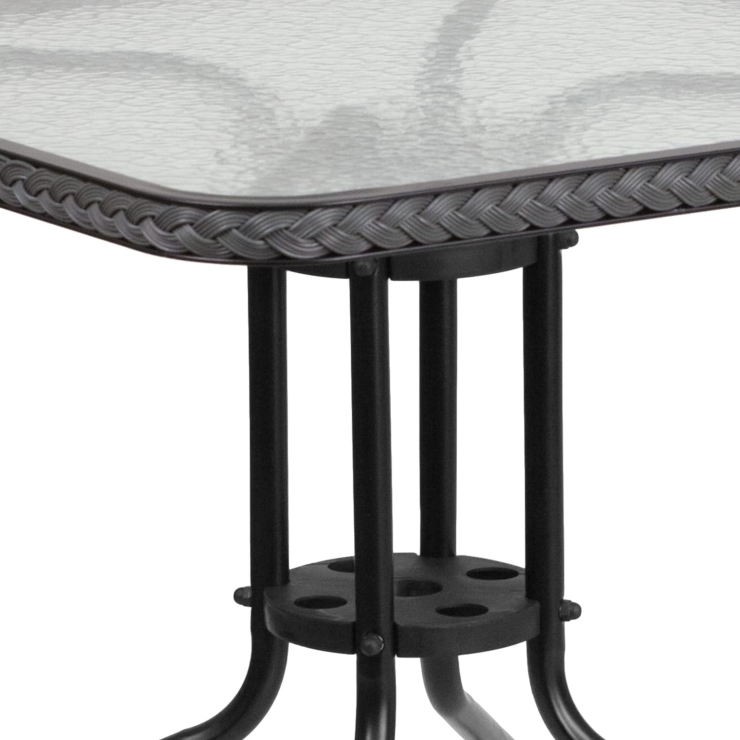 28 Square Glass Metal Table with Gray Rattan Edging and 4 Gray Rattan Stack Chairs
