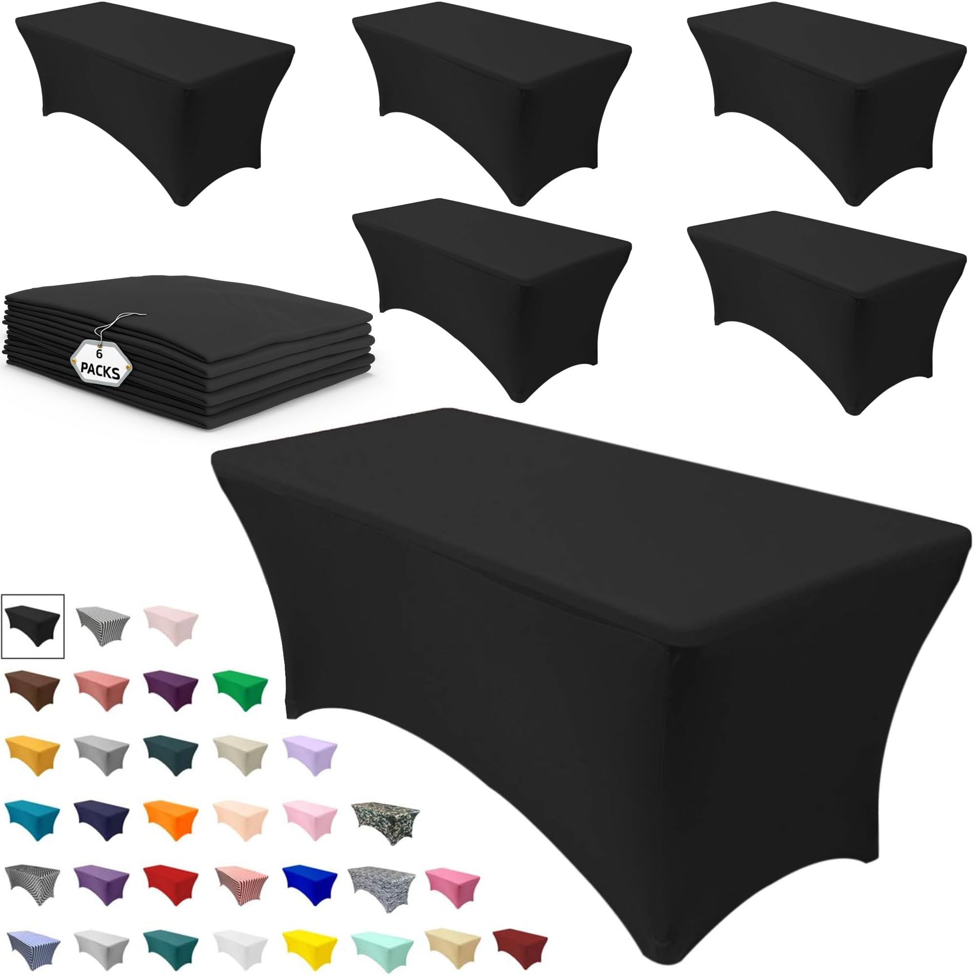 Your Chair Covers 6 Pack Rectangular Spandex Table Covers 6Ft Fitted Tablecloth Wedding Event Patio Table Decorations Elastic Fabric Stretch Table Covers For 6 Ft Folding Table (Black)