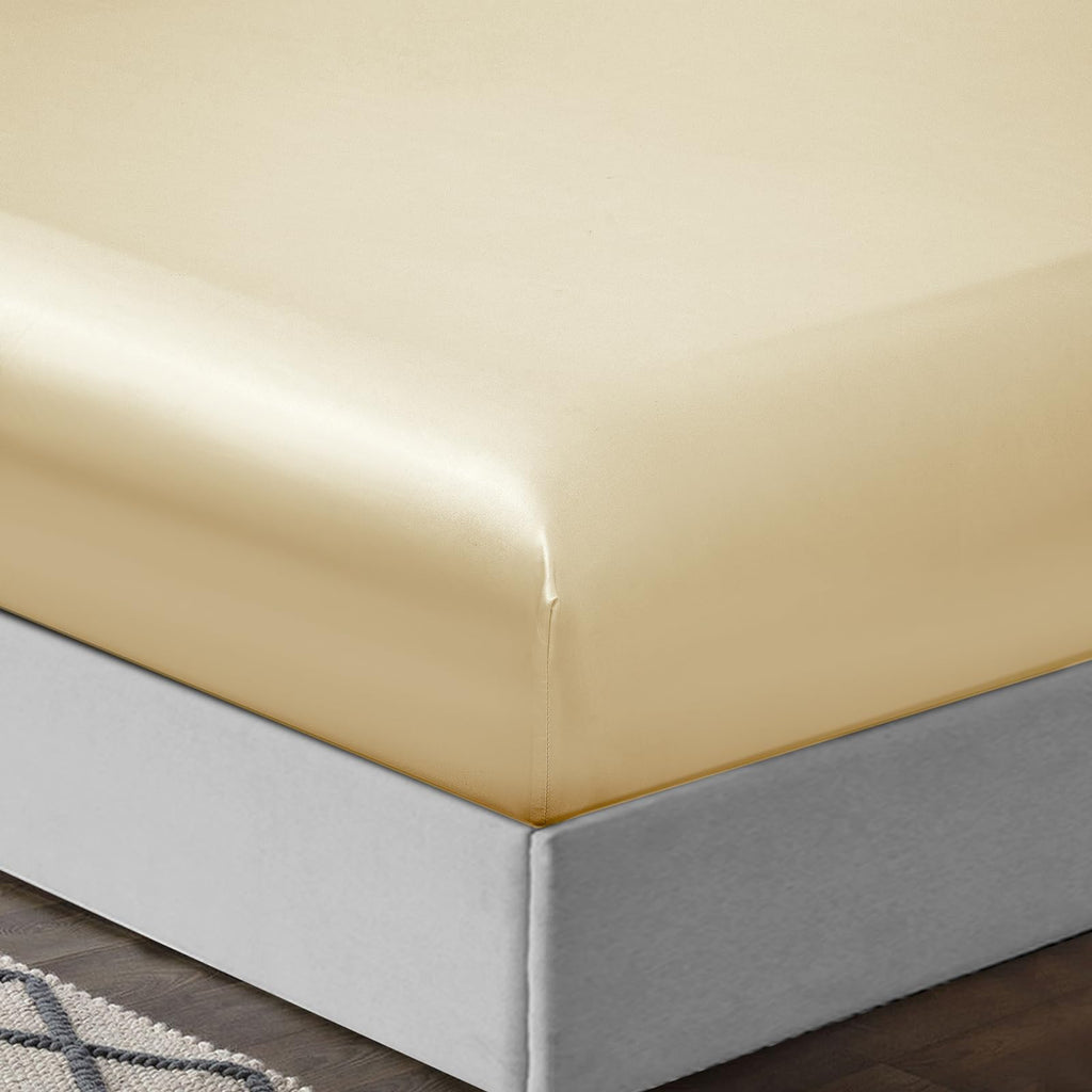 Treely 4 Piece Satin Sheets Twin Size Silky Smooth Beige Satin Sheet Set With Deep Pocket, Satin Fitted Sheet, Flat Sheet, 2 Sat