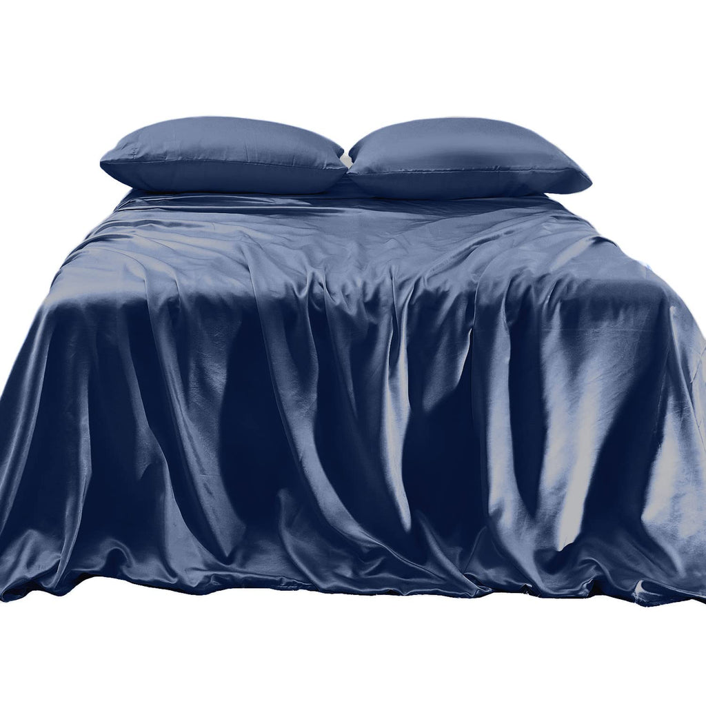 Elegant Comfort Luxurious 4-Piece Silky Satin Sheet Set, Skin And Hair Friendly, Wrinkle, Fade, Stain Resistant With Deep Pockets Fitted Sheet, Cooling Soft Satin Sheet Set, King, Navy Blue