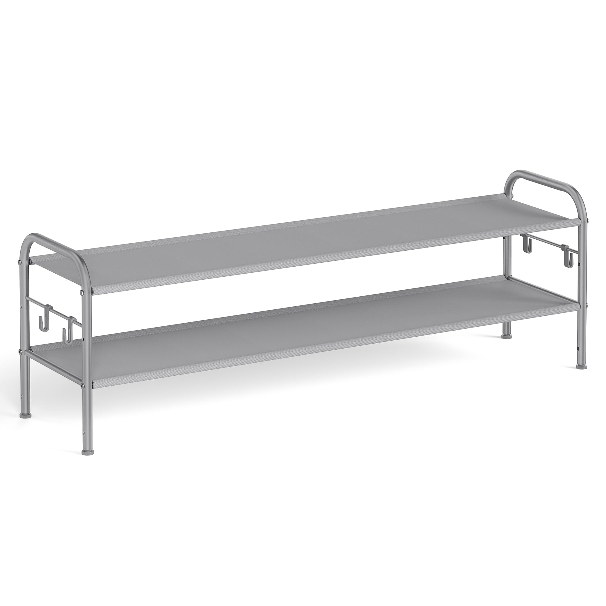 SONGMICS Shoe Rack, 2-Tier Shoe Organizer, Fabric Shoe Shelf Storage with 4 Hooks, Holds up to 12 Pairs of Shoes, Height-Adjusta