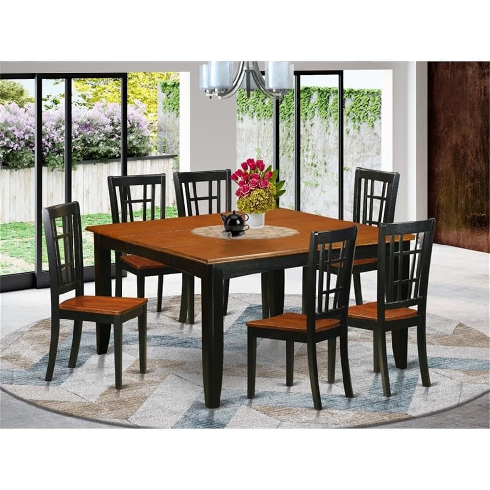 East West Furniture PFNI7-BCH-W 7 Piece Modern Dining Table Set Consist of a Square Wooden Table with Butterfly Leaf and 6 Dining Chairs, 54x54 Inch, Black & Cherry