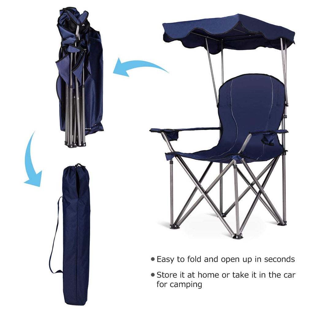 Goplus Camping Chair With Canopy Shade, Folding Lawn Chair With Umbrella Cup Holder & Carry Bag, Portable Sunshade Chair For Adults For Beach Outdoor Travel Hiking Fishing (Blue)