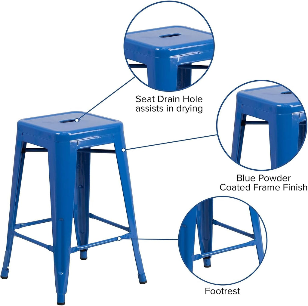 24 High Backless Blue Metal Counter Height Stool with Square Wood Seat