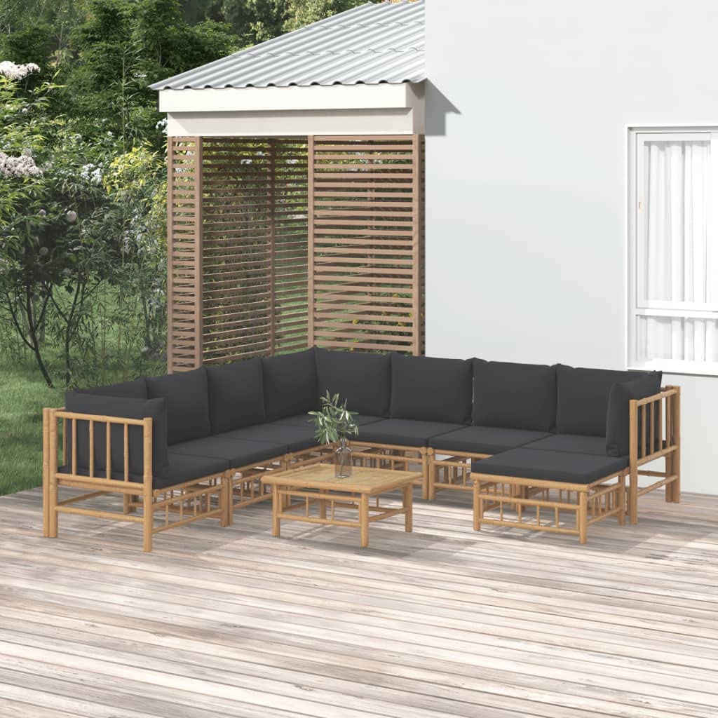 vidaXL Bamboo Patio Lounge Set with Natural Oil Finish - 9 Piece Outdoor Furniture with Dark Gray Cushions, Comfortable Seating with Backrest and Armrests, Sturdy Table Included - Farmhouse Style