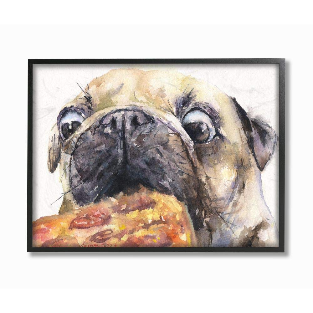 Stupell Industries Pug and Pizza Funny Dog Pet Animal Watercolor Painting Black Framed Wall Art, 24x30, Multicolor