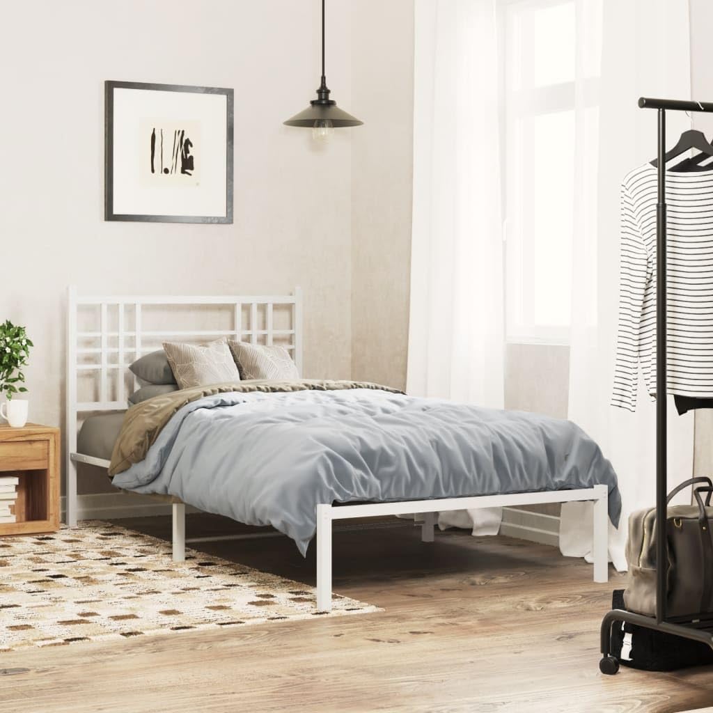 vidaXL White Metal Bed Frame-Single Size with Headboard-Modern Steel Construction-Powder-Coated-81.5" x41.3 x35.4