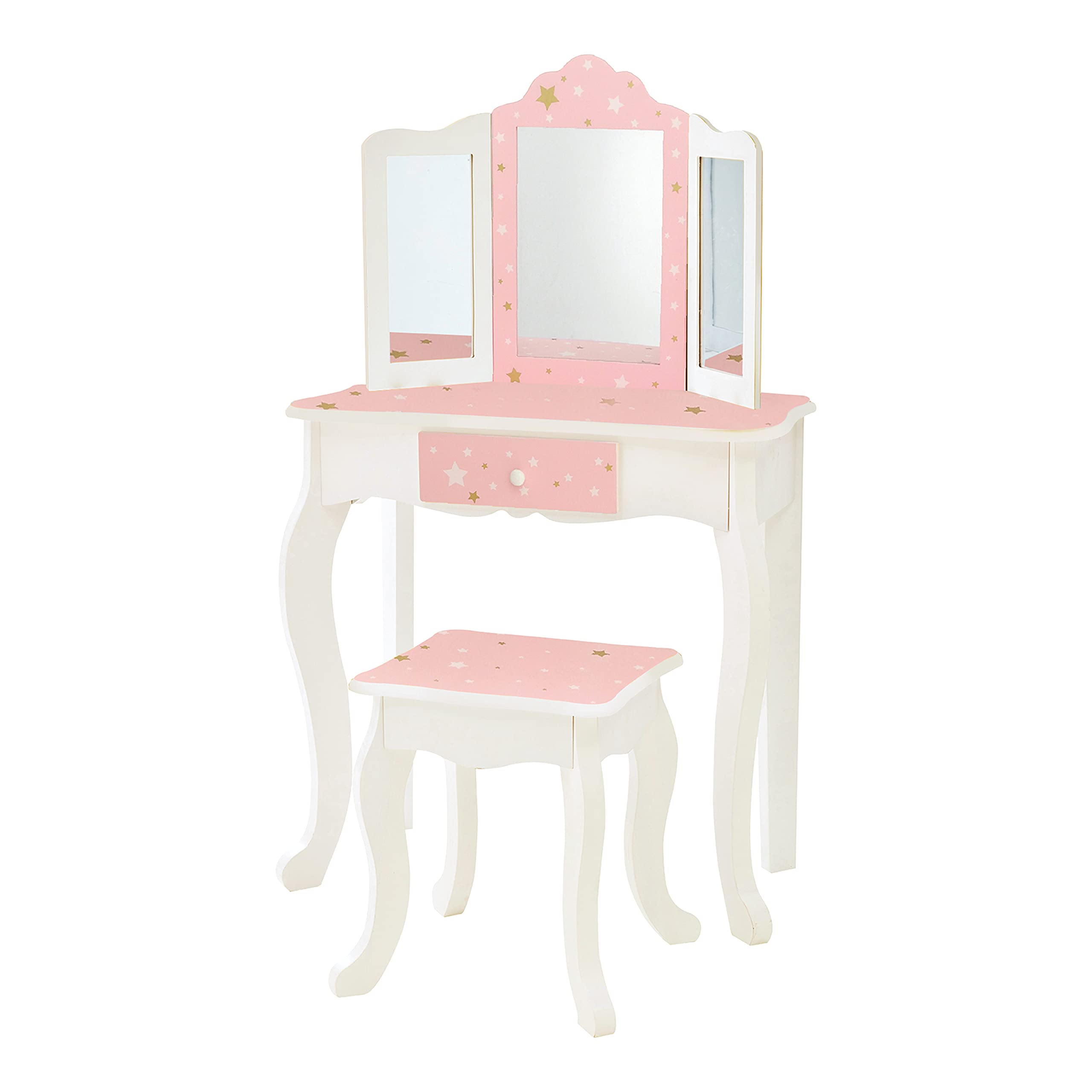 Teamson Kids Princess Gisele Twinkle Star Print 2-Piece Kids Wooden Play Vanity Set with Vanity Table, Tri-Fold Mirror, Storage 