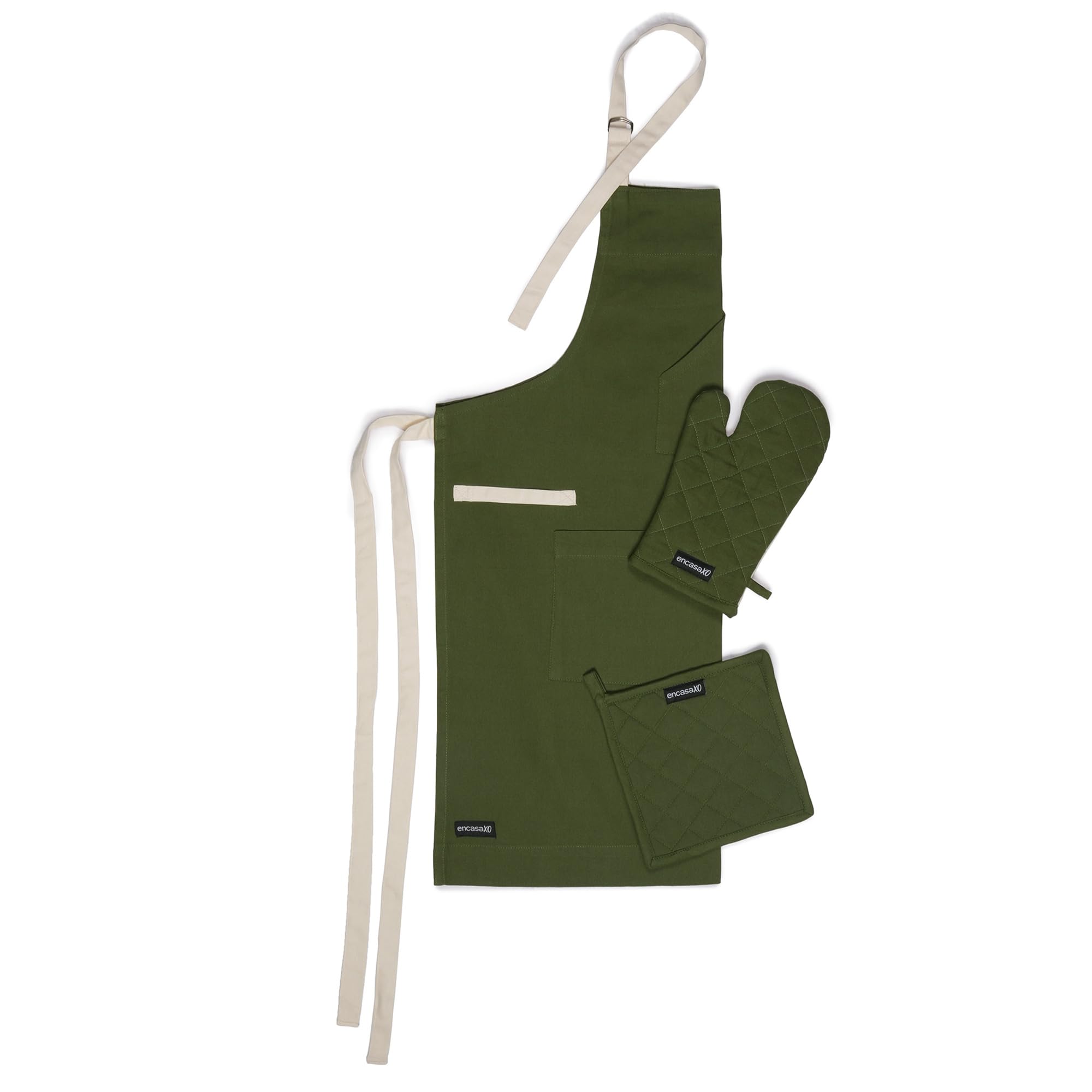 Encasa Xo Kitchen Apron With Oven Gloves & Potholder  Combo Set 100% Cotton  Heat Resistant | Leaf Green (3 Pcs Set)