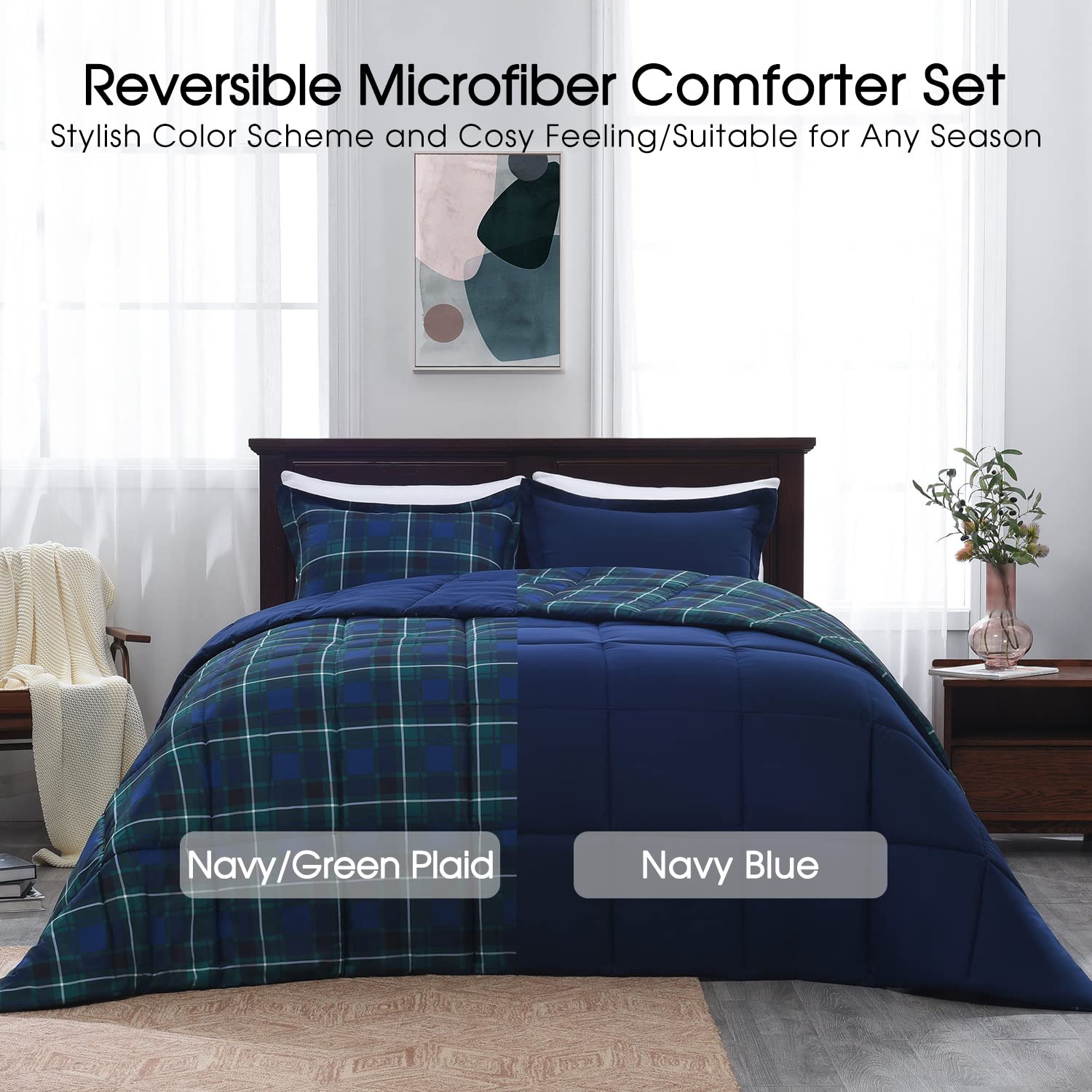 Basic Beyond King Size - Navy And Green Buffalo Plaid Comforter Set King Down Alternative Bedding Comforter Set For All Season(1