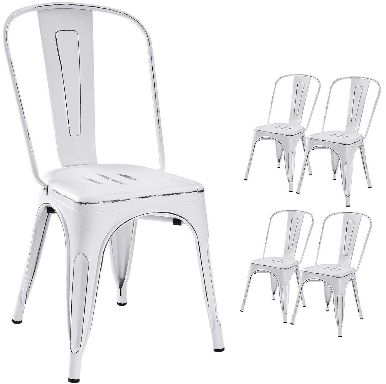 Devoko Metal Indoor-Outdoor Chairs Distressed Style Kitchen Dining Chairs Stackable Side Chair with Back Set of 4 (White)