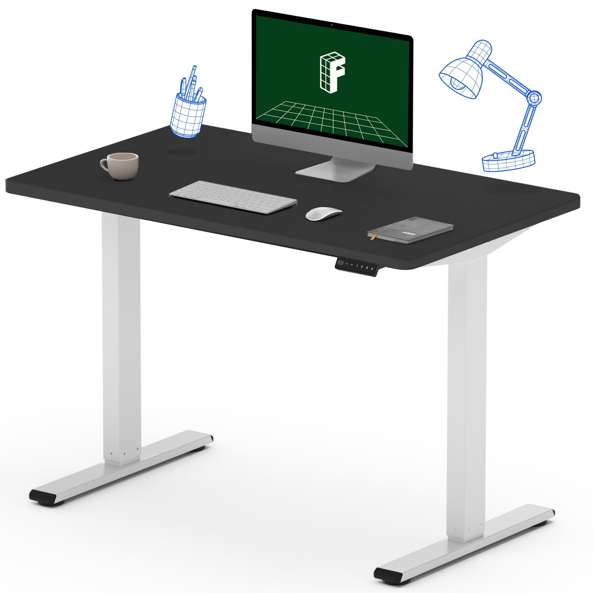 Flexispot En1 Electric Small Standing Desk 40 X 24 Inches Whole-Piece Desktop Adjustable Height Desk Ergonomic Memory Controller (White Frame + 40' Black Desktop, 2 Packages)