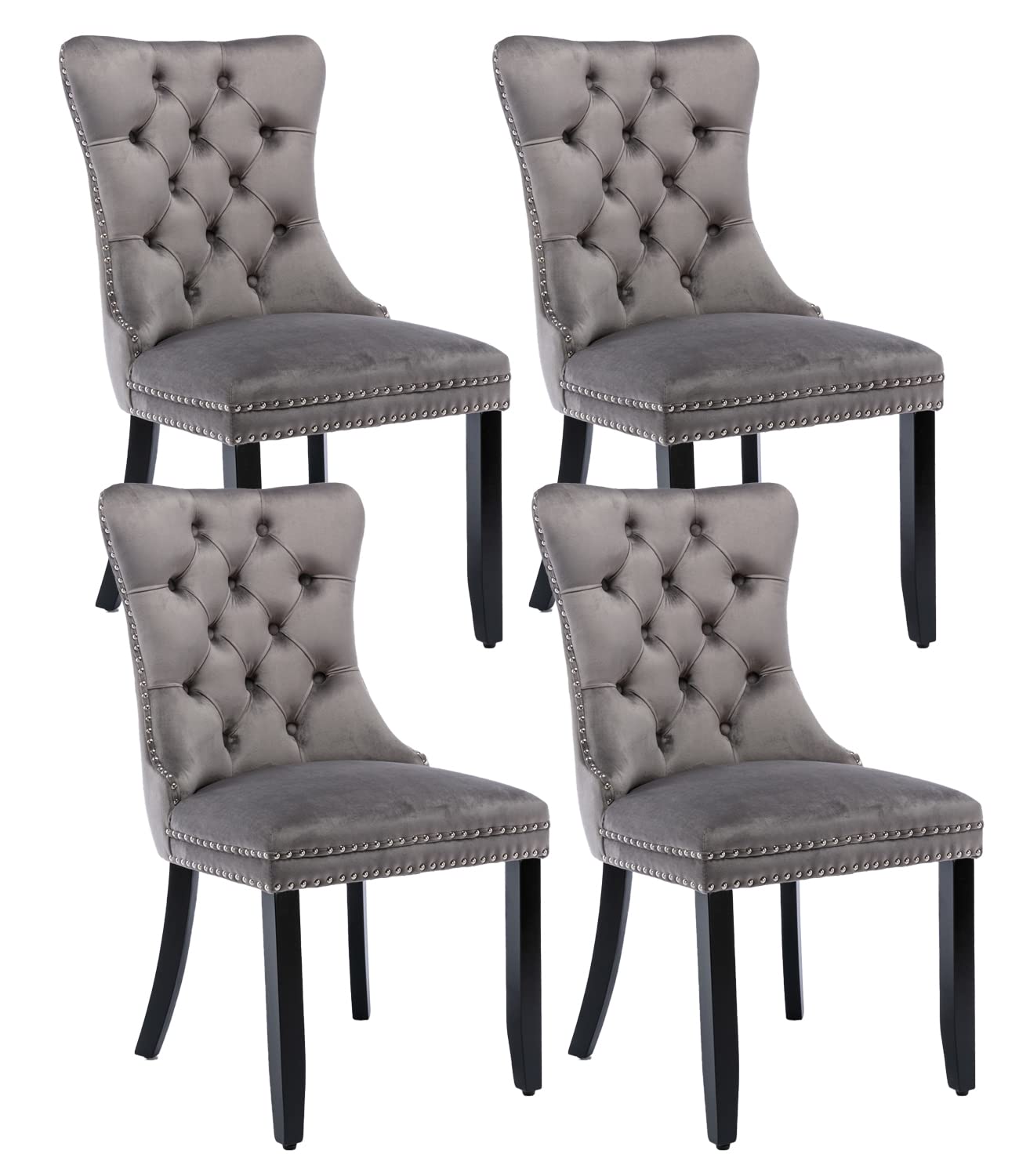 Grey Velvet Dining Chairs Set Of 4, Upholstered Dining Room Chairs With Back Ring Pull Trim And Solid Wood Legs,Tufted Wingback